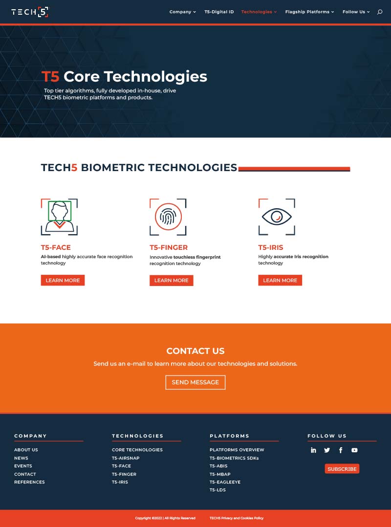 TECH5 - Web Design - internal page - products categorie TECH5 print screen T5 core technologies