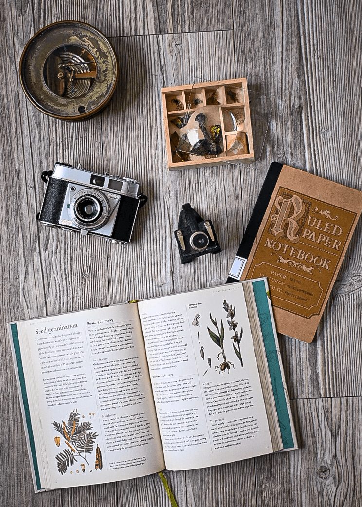 photo of botanical book with a microscope and notebook